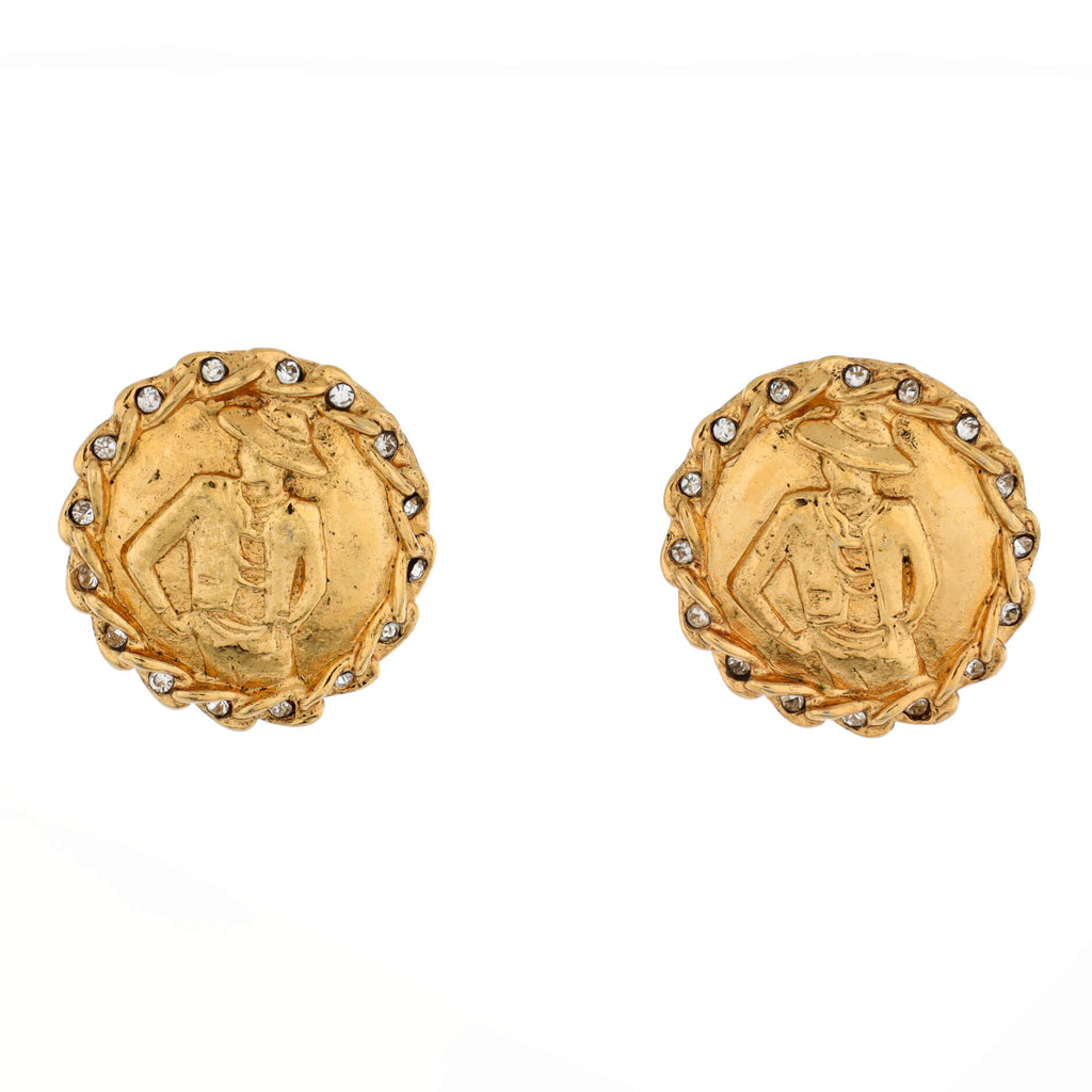 Vintage Coco Mademoiselle Round Clip-On Earrings Metal with Crystals