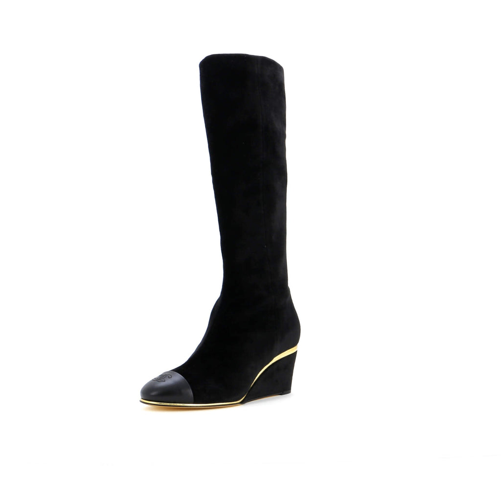 Women's CC Cap Toe Knee High Wedge Boots Suede