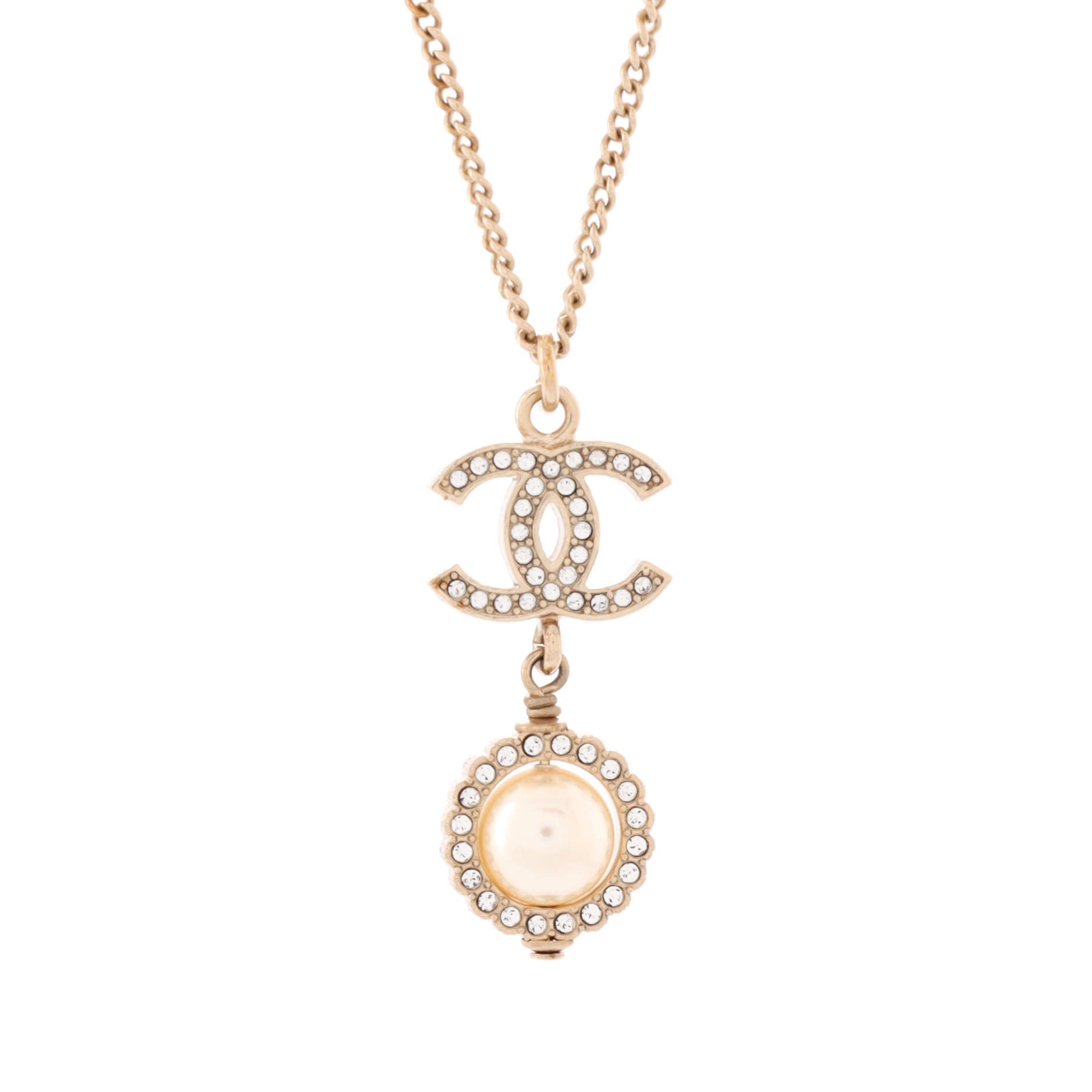 CC Drop Pendant Necklace Metal with Crystals and Faux Pearl