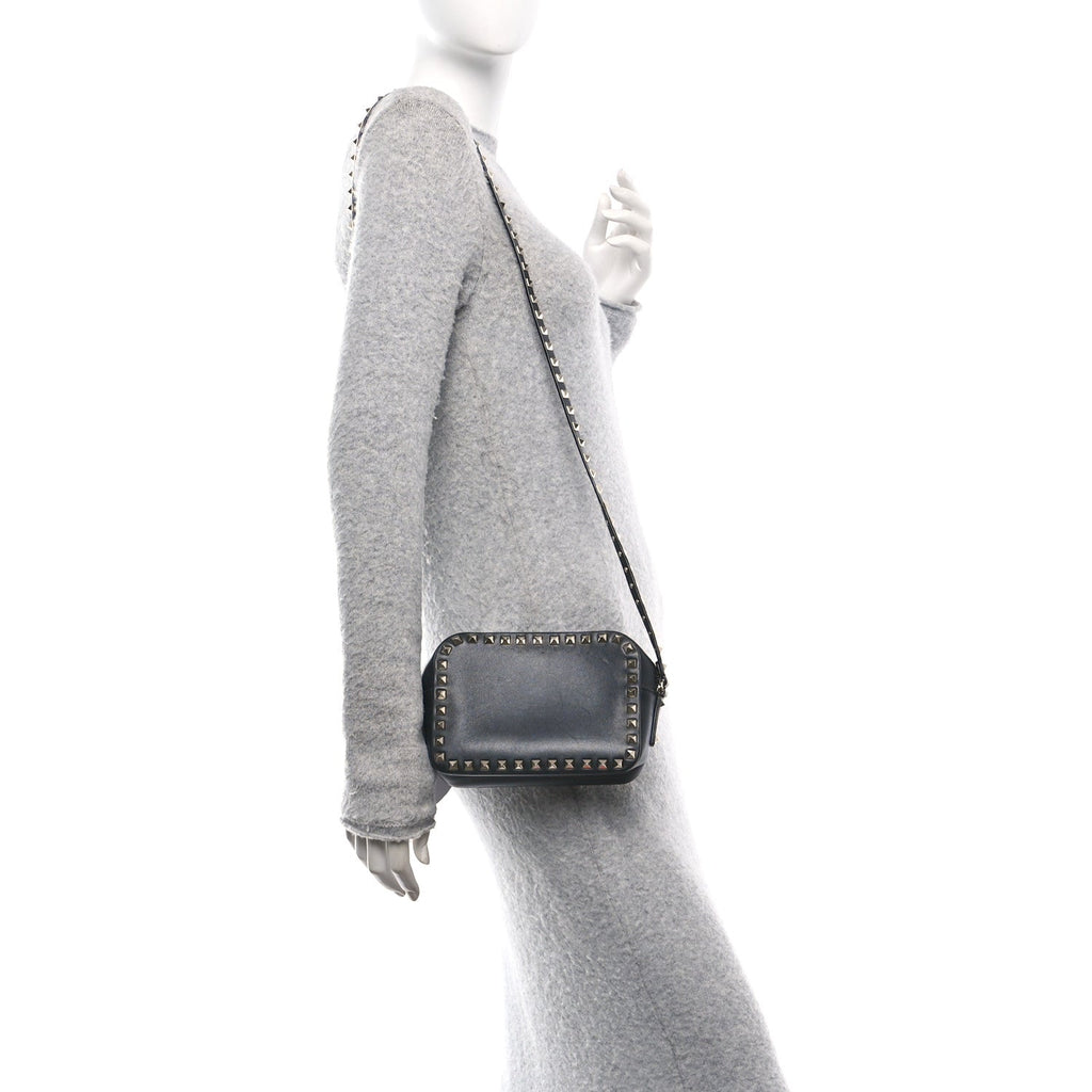 Calfskin Rockstud Camera Crossbody Bag Black