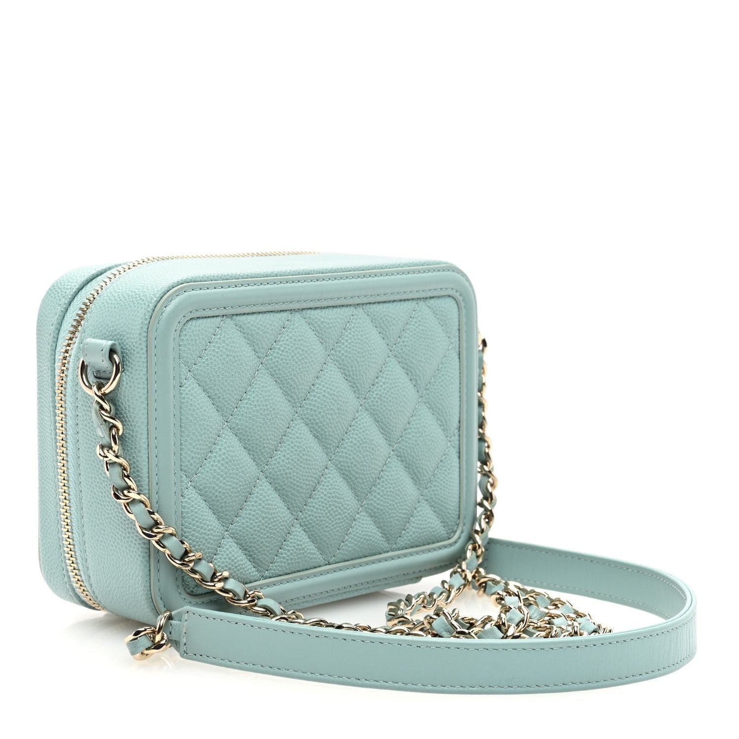 Caviar Quilted Filigree Vanity Clutch With Chain Light Blue