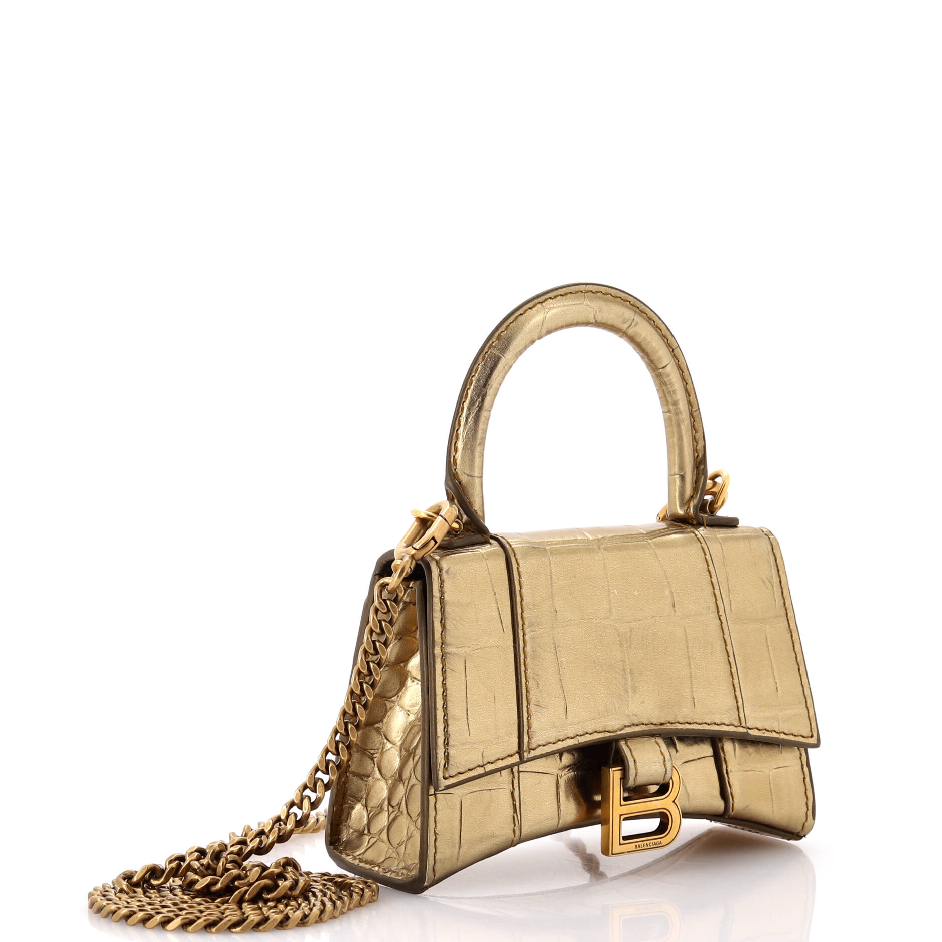Hourglass Chain Top Handle Bag Crocodile Embossed Leather Mini