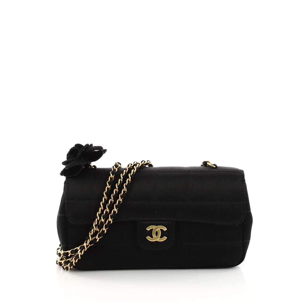 Camellia Chocolate Bar Flap Bag Quilted Satin Mini