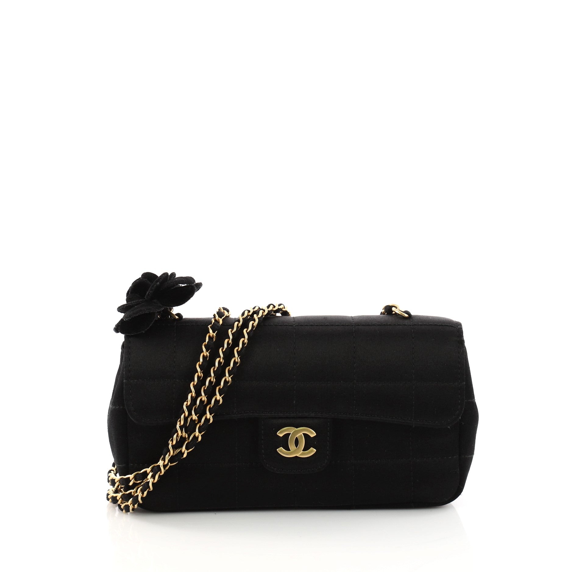 Camellia Chocolate Bar Flap Bag Quilted Satin Mini