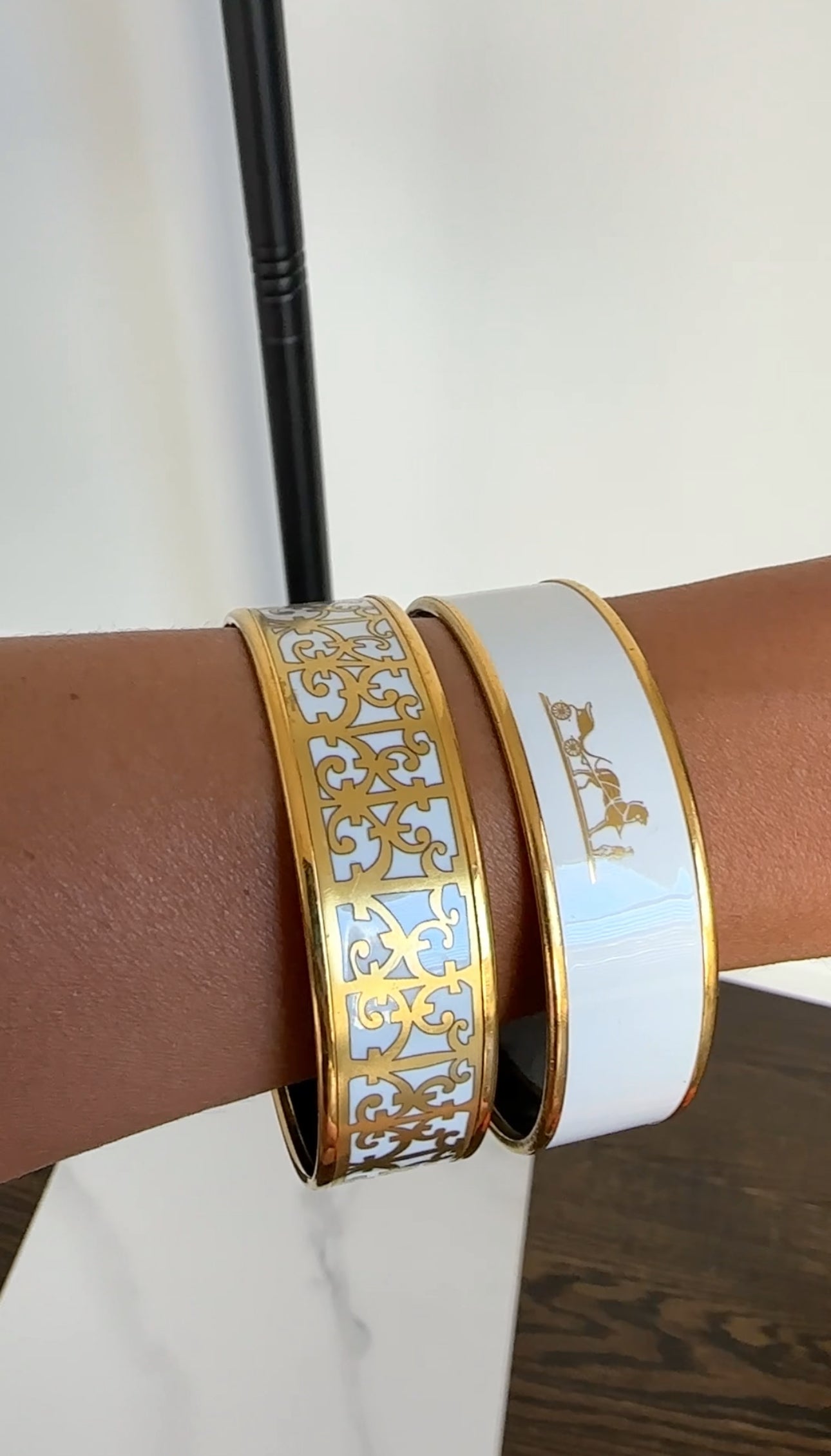 Hermes White and Gold Caleche Enamel Bangle