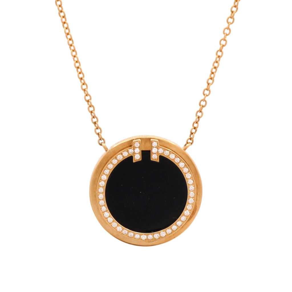 T Circle Pendant Necklace 18K Yellow Gold with Onyx and Diamonds Large