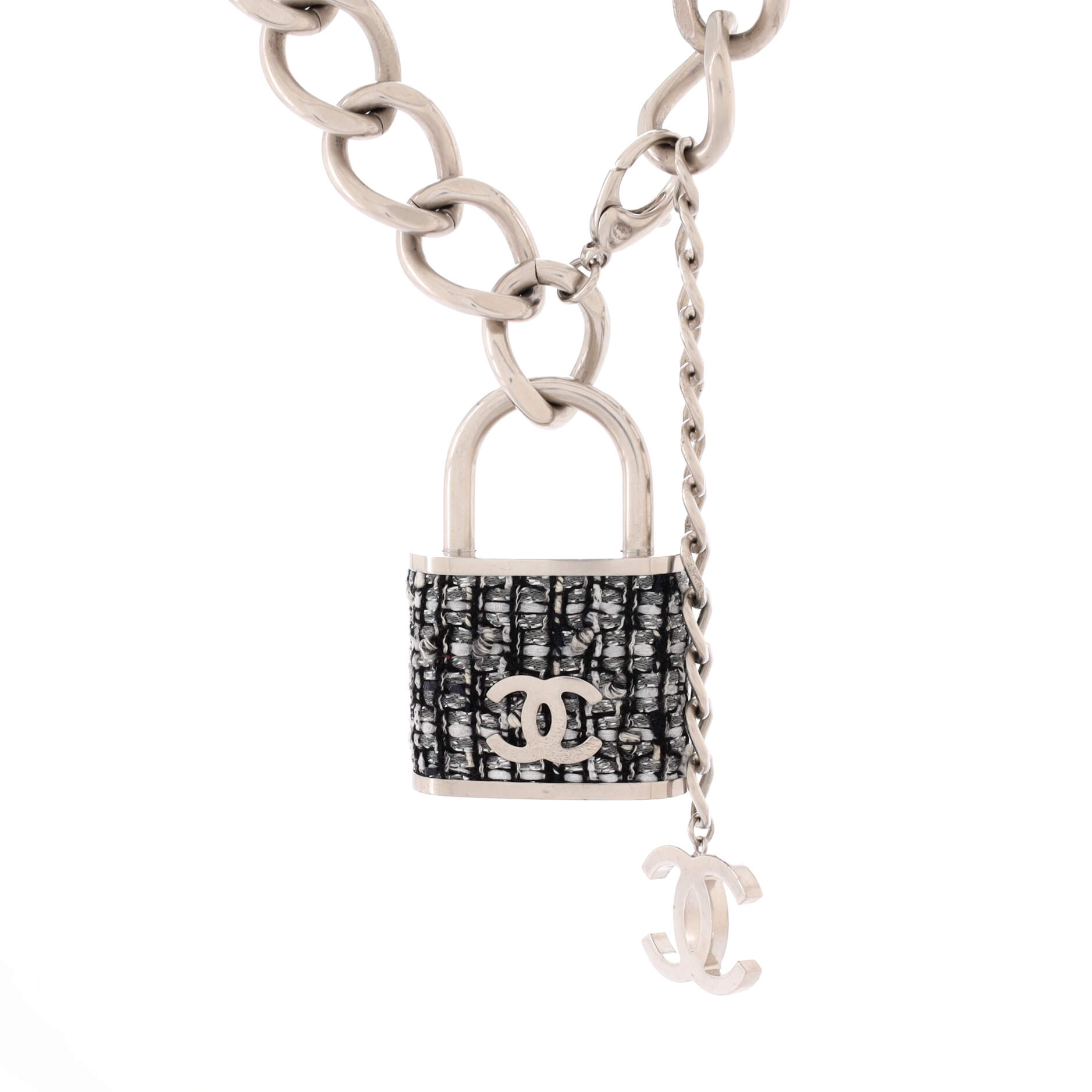 CC Oversized Padlock Chain Necklace Metal and Tweed Large
