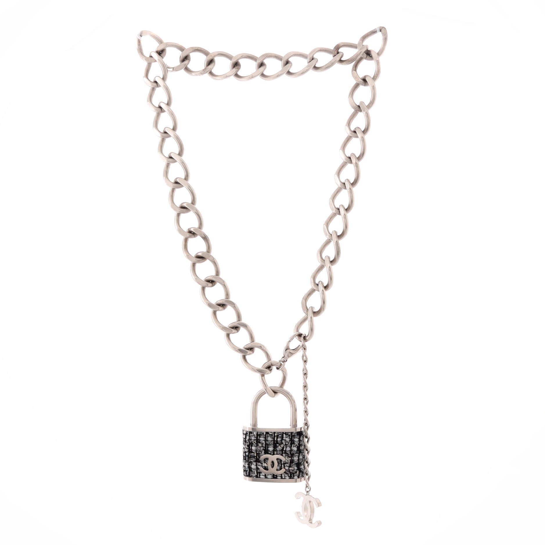 CC Oversized Padlock Chain Necklace Metal and Tweed Large