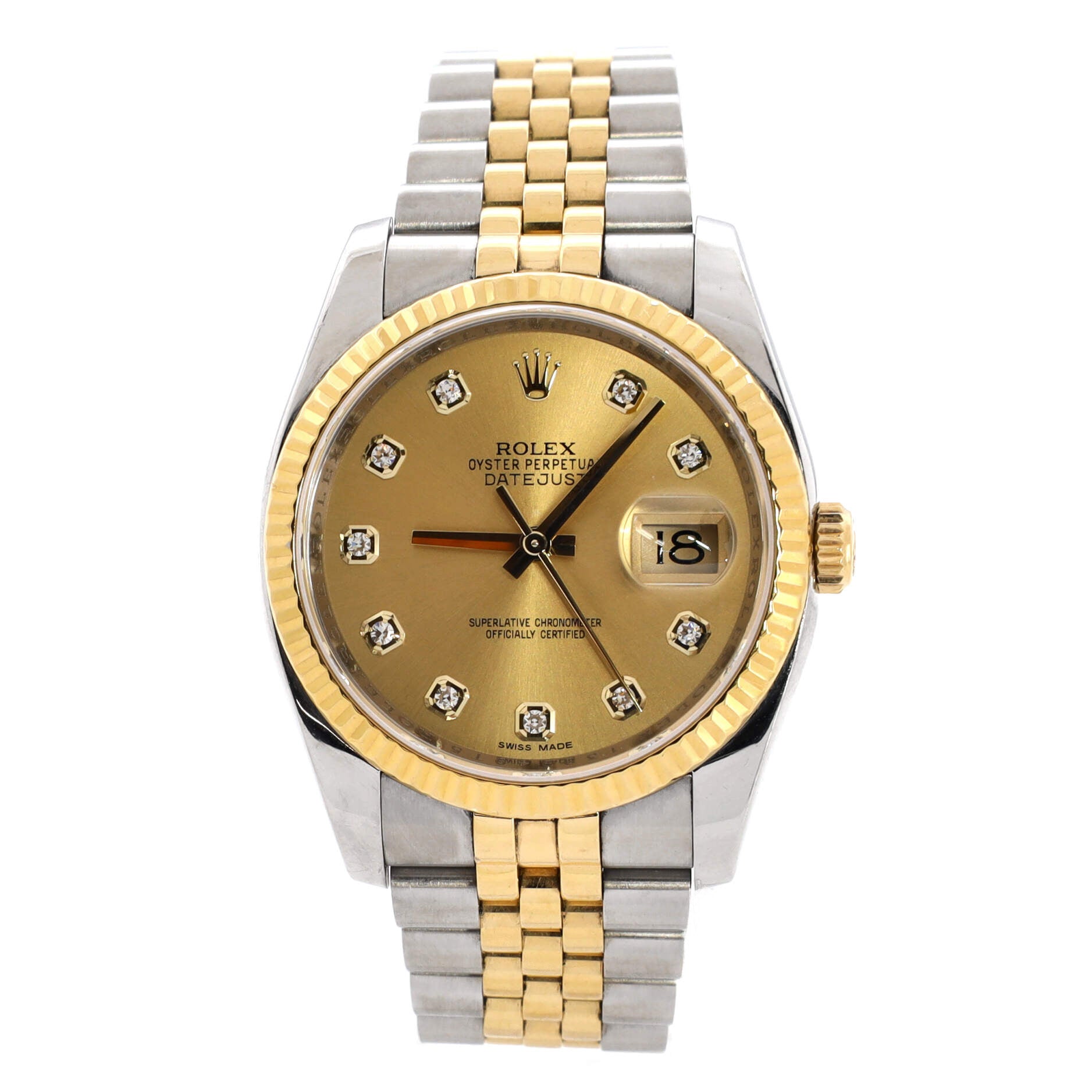 Oyster Perpetual Datejust Automatic Watch Stainless Steel and Yellow Gold with Diamond Markers 36