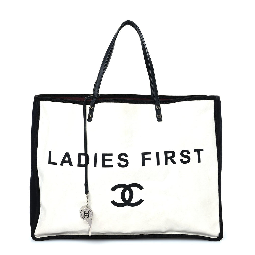 Canvas Calfskin Large Let's Demonstrate Tote White Black
