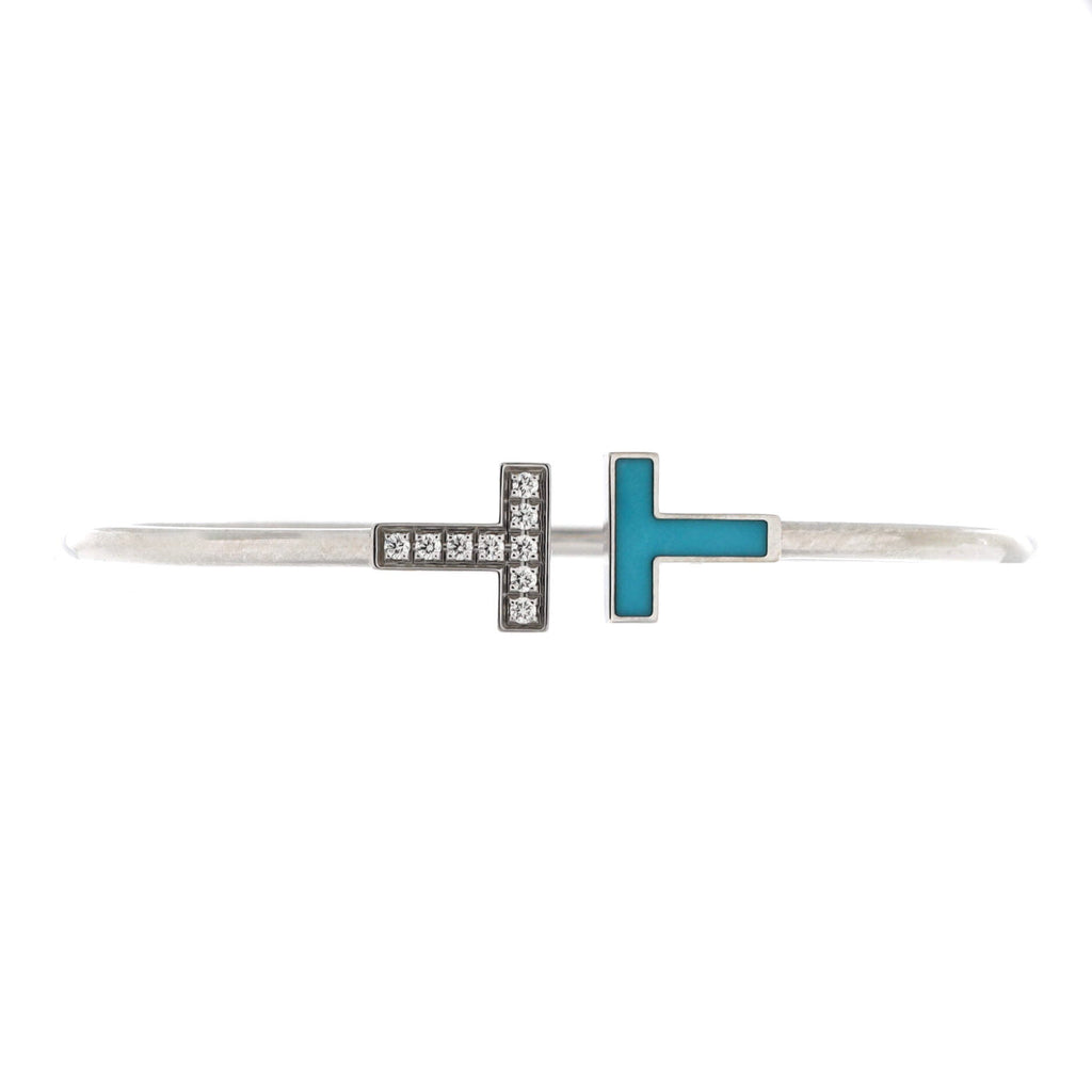 T Wire Bracelet 18K White Gold with Diamonds and Turquoise