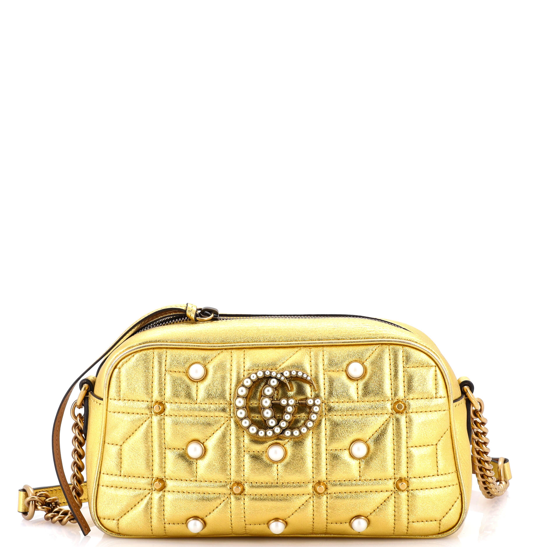 Pearly GG Marmont Shoulder Bag Embellished Matelasse Leather Small