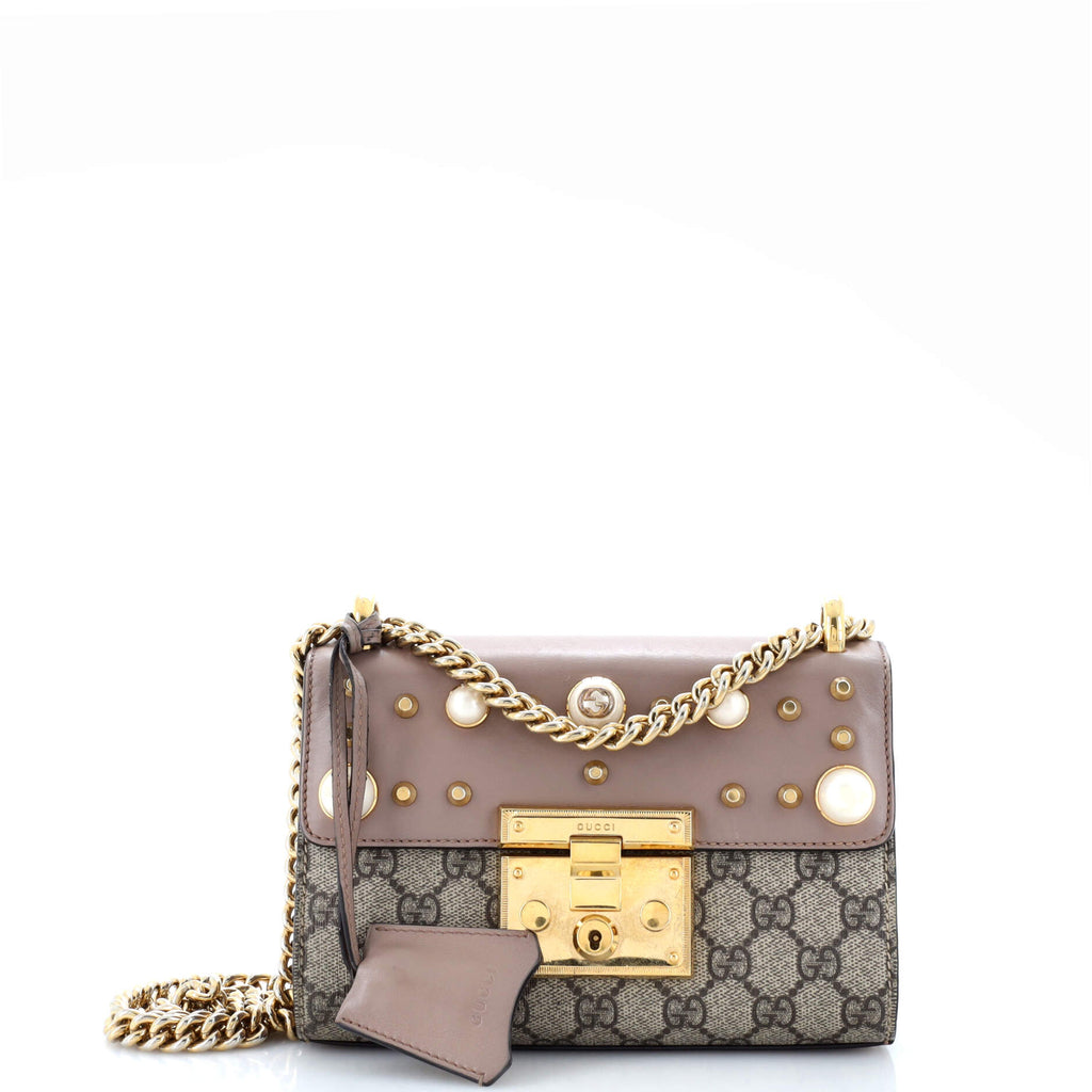 Pearly Padlock Shoulder Bag GG Coated Canvas with Studded Leather Small