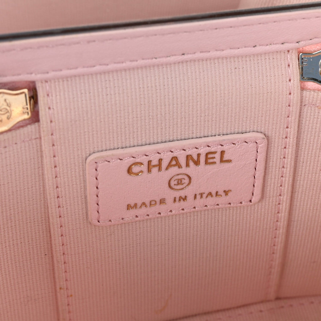 Lambskin Quilted Mini Vanity Case With Pearl Chain Light Pink