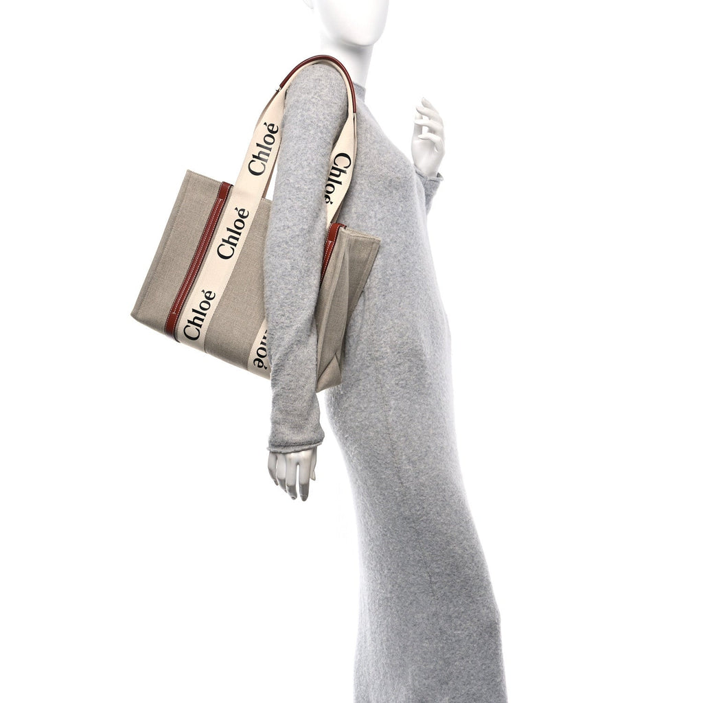 Linen Calfskin Medium Woody Ribbon Tote White Brown