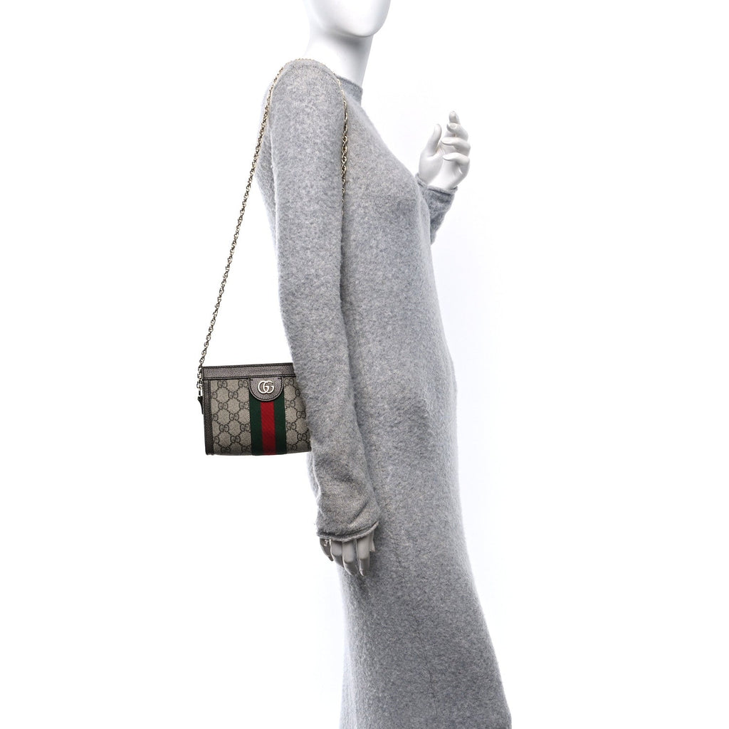 GG Supreme Monogram Textured Dollar Calfskin Web Mini Ophidia Chain Shoulder Bag Beige Ebony New Acero