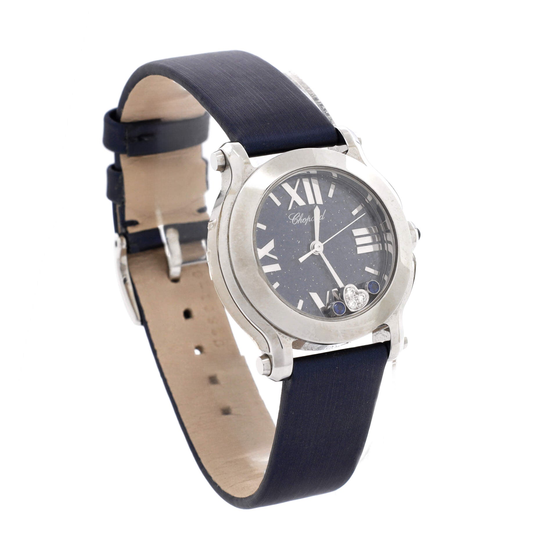 Happy Sport Heart Round Quartz Watch Stainless Steel and Satin with Floating Diamonds and Blue Sapphires 30