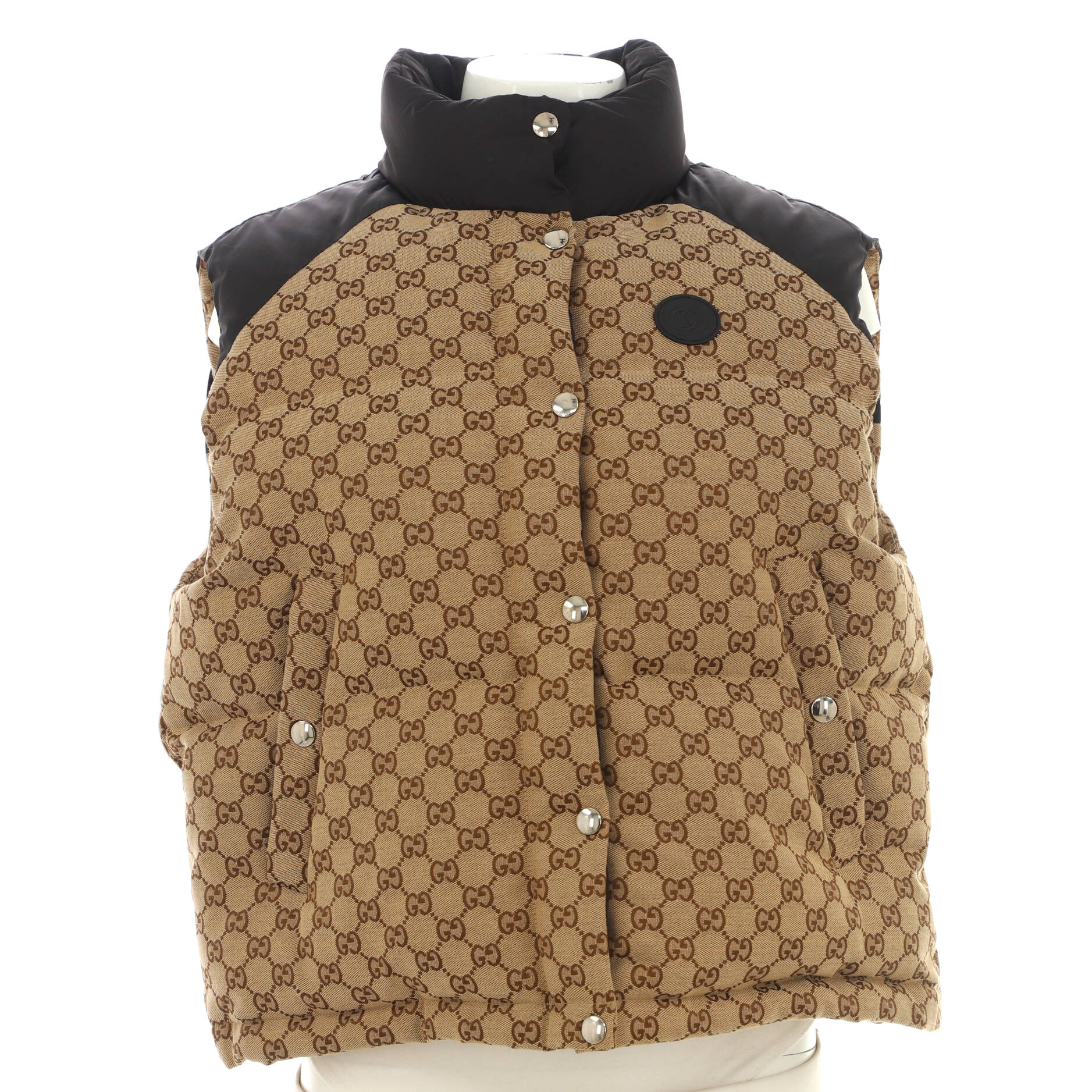 Women's Interlocking G Patch Button Up Puffer Vest Quilted GG Cotton Canvas and Polyester