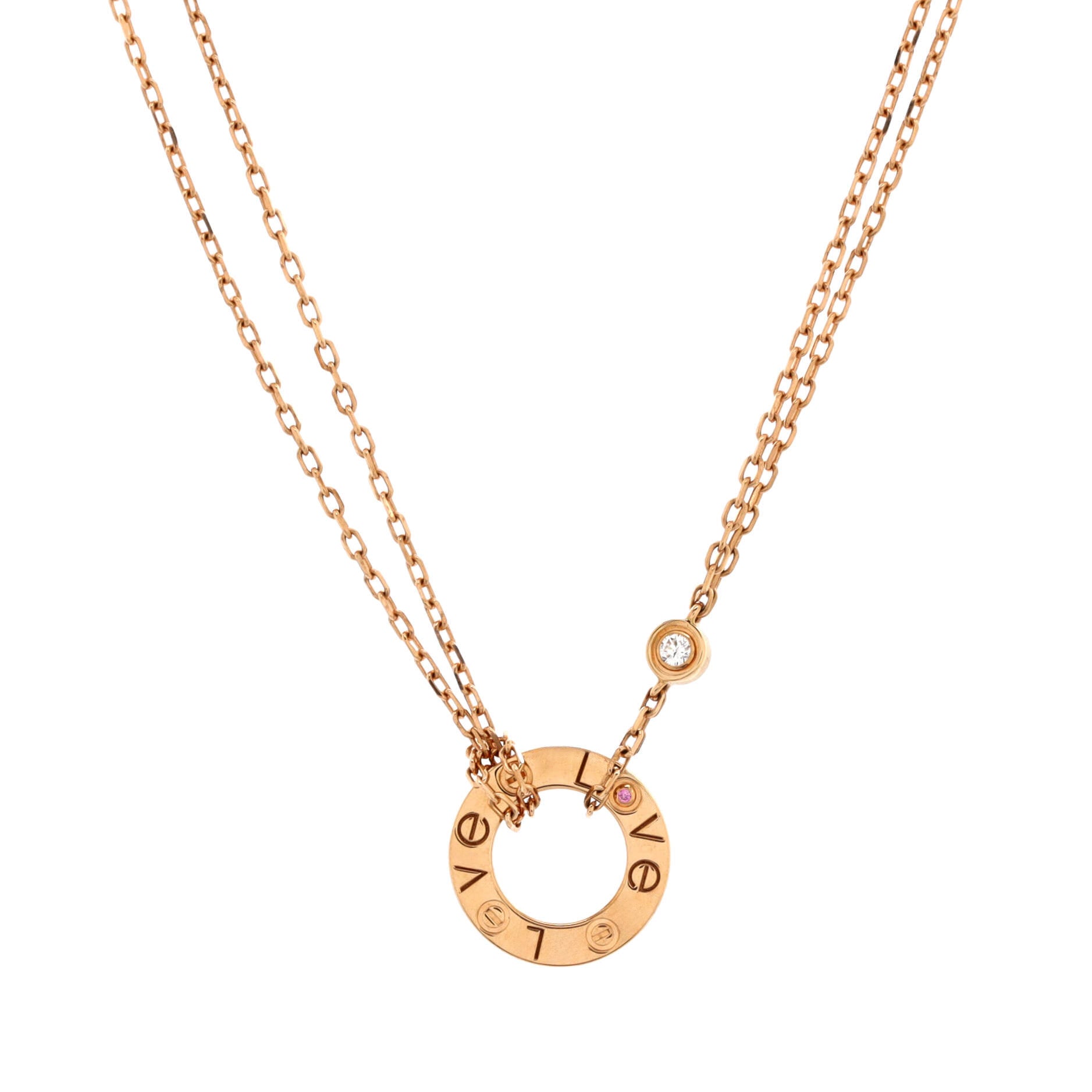 2 Diamonds Love Pendant Necklace 18K Rose Gold with Pink Sapphire and Diamond