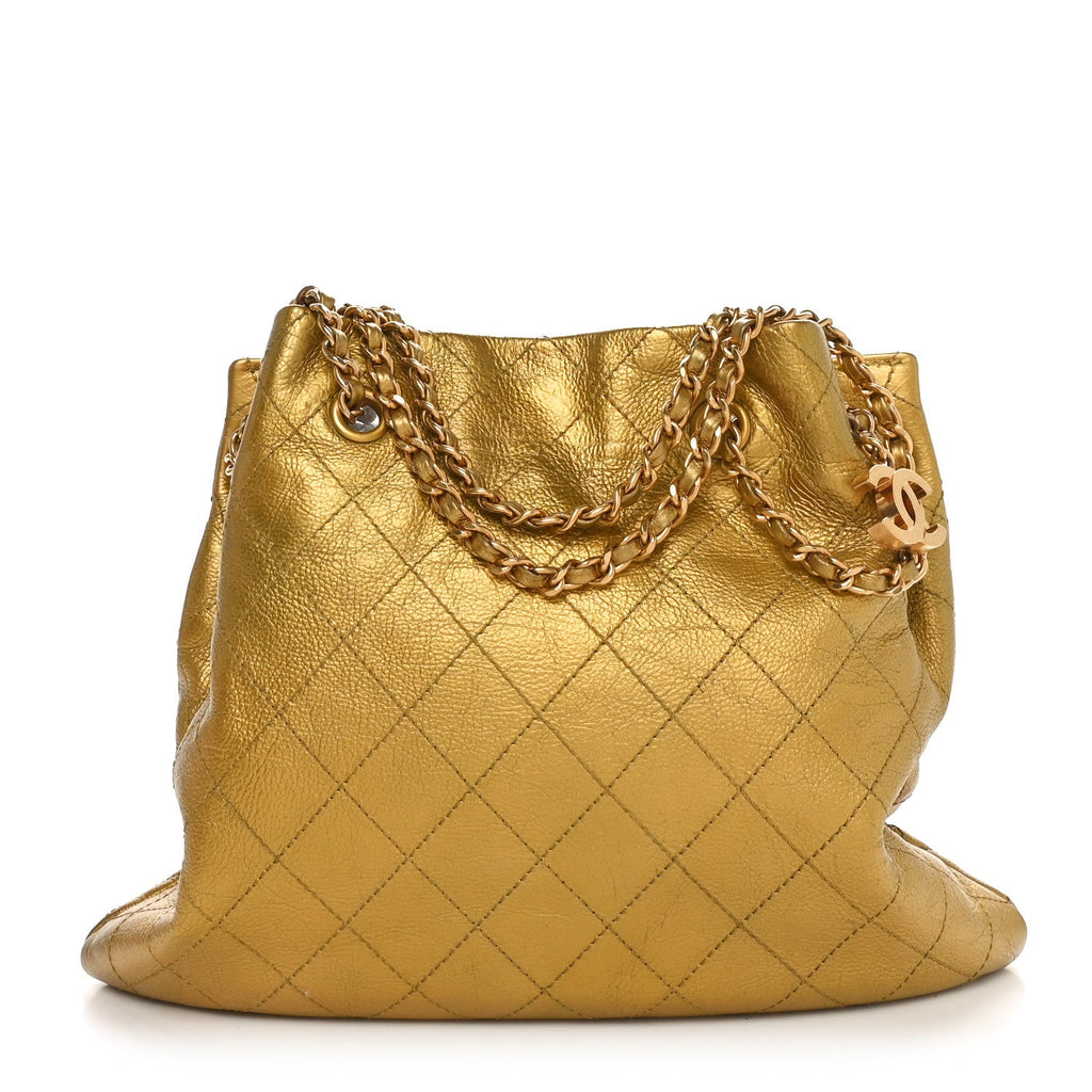 Metallic Calfskin Quilted Small Drawstring Bag Gold