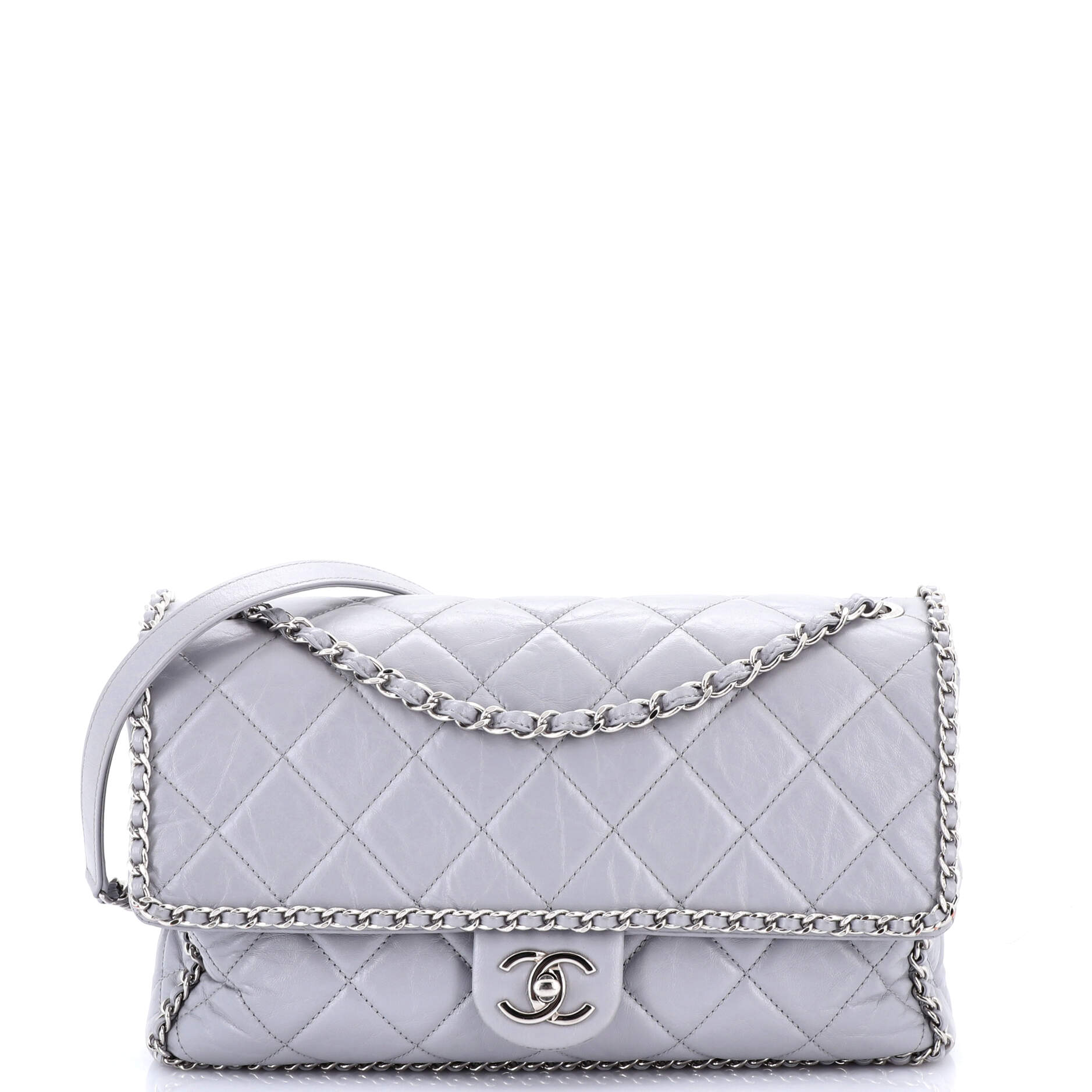 Running Chain Around Flap Bag Quilted Crumpled Calfskin Large