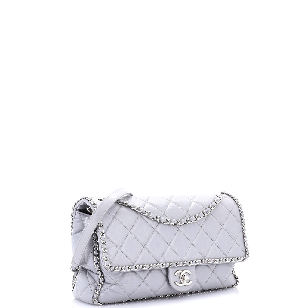 Running Chain Around Flap Bag Quilted Crumpled Calfskin Large