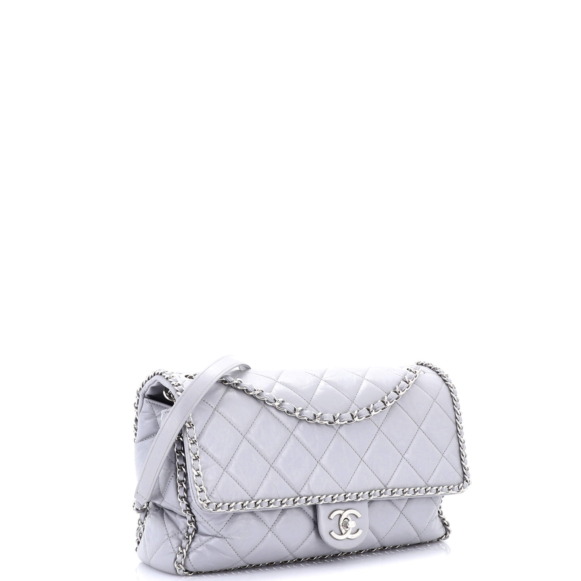 Running Chain Around Flap Bag Quilted Crumpled Calfskin Large