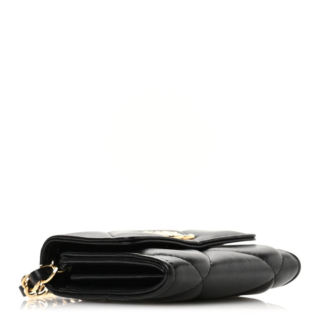Lambskin Pearl Quilted CC Flap  Holder With Chain  Black