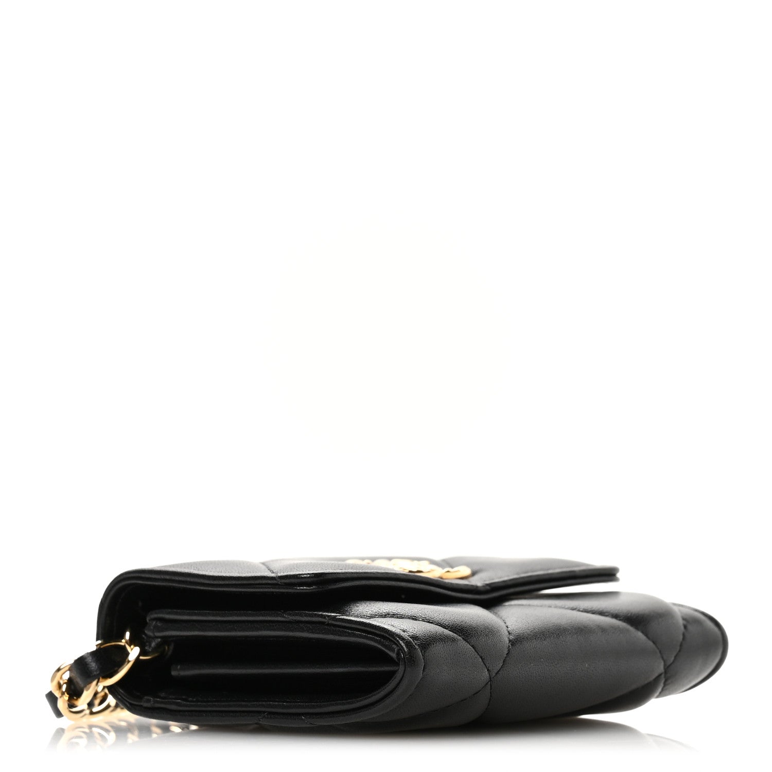 Lambskin Pearl Quilted CC Flap  Holder With Chain  Black