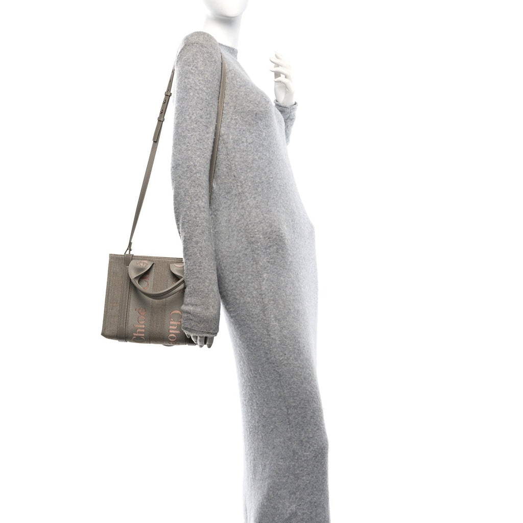 Cotton Calfskin Small Woody Ribbon Tote With Strap  Beige Taupe