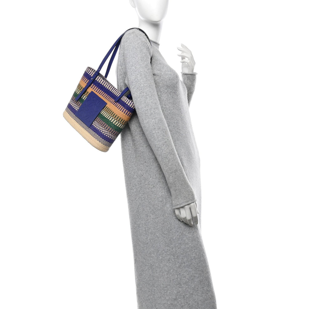 Raffia Small Square Basket Tote Bag Blue Multicolor