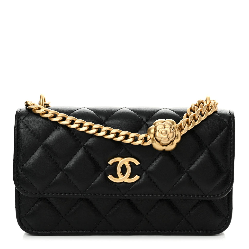 Lambskin Quilted Sweet Camellia Flap Phone Holder With Chain Black