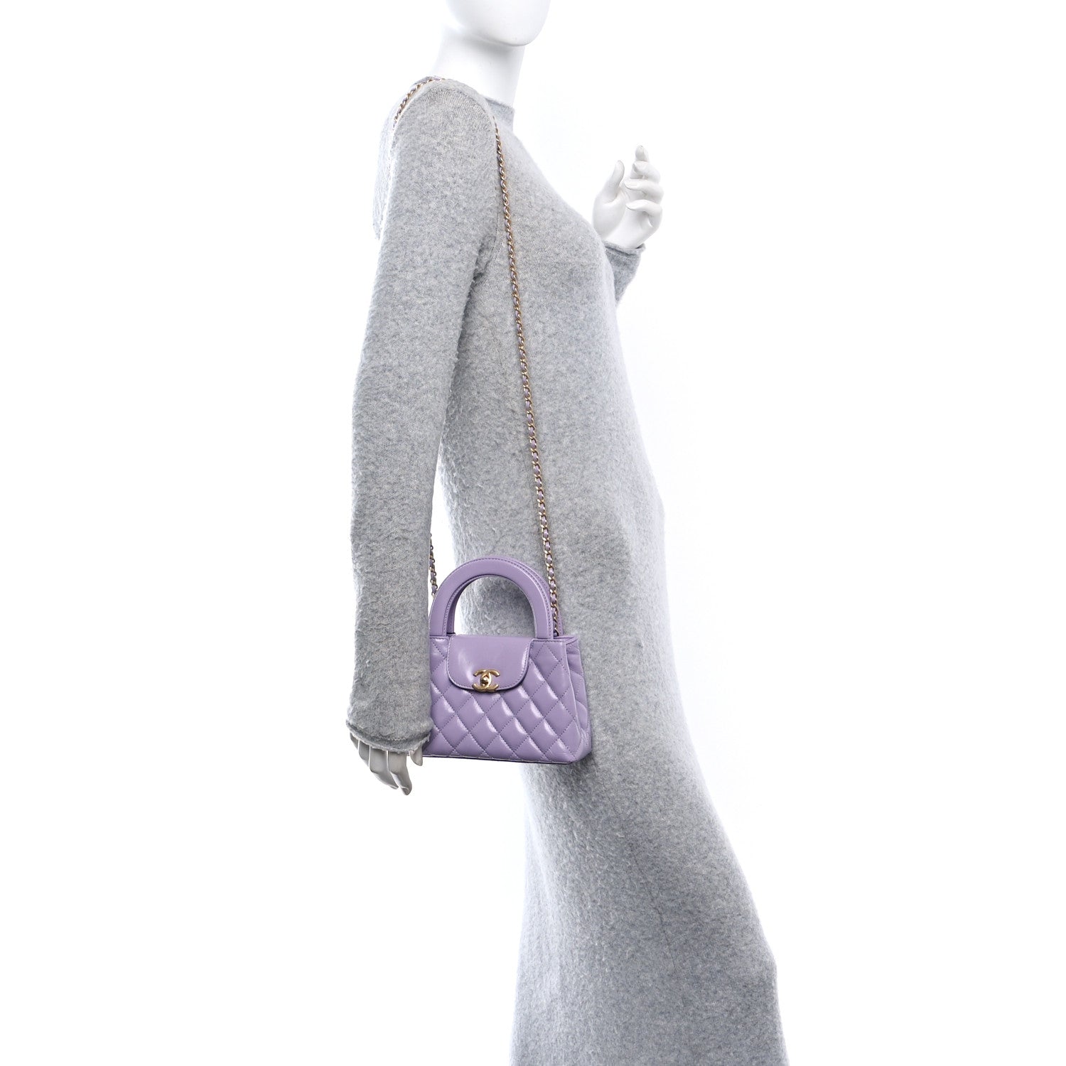 Shiny Aged Calfskin Quilted Nano Kelly Shopper Lilac