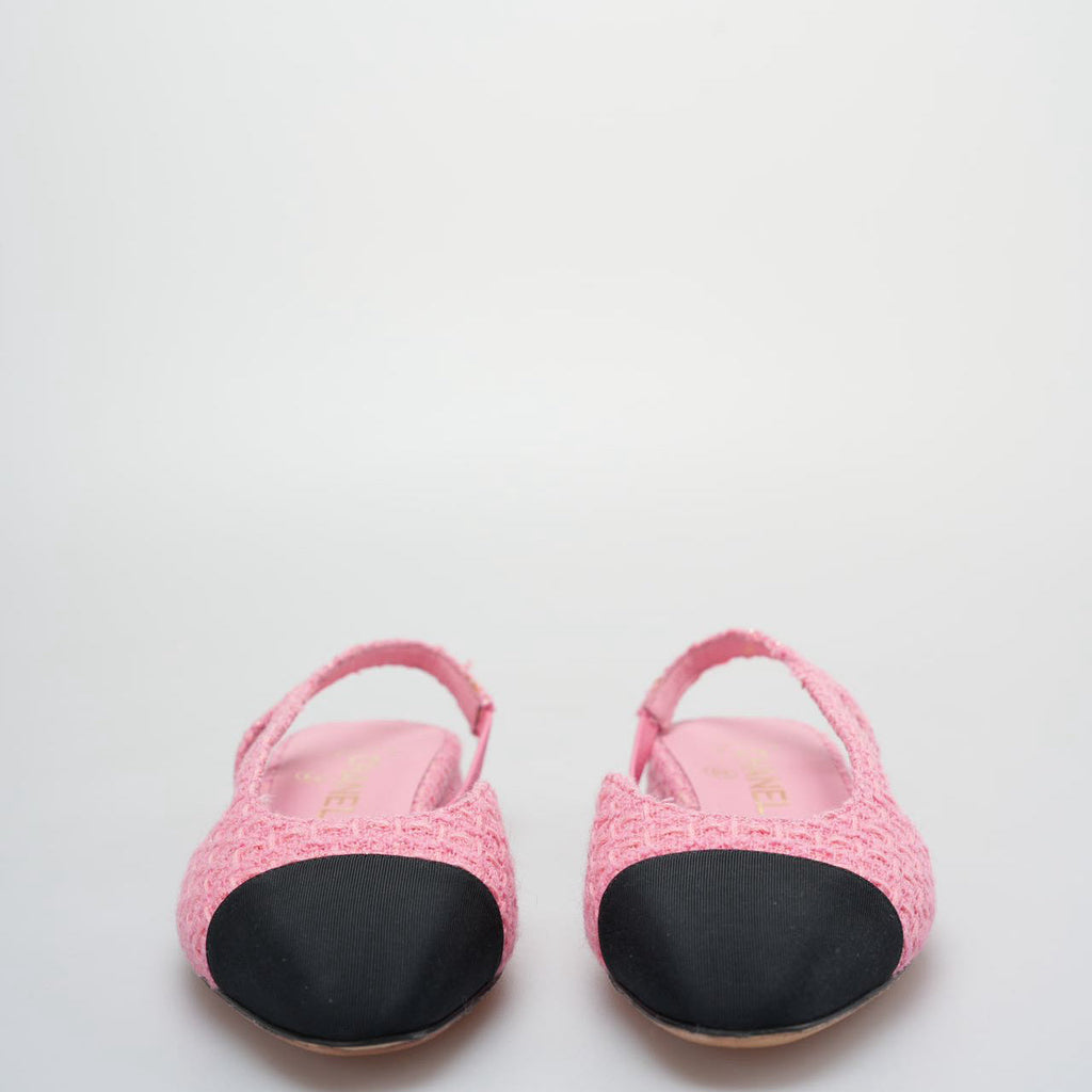 Chanel Tweed Grosgrain Cap Toe CC Slingback Pumps size 37.5 in Pink and Black