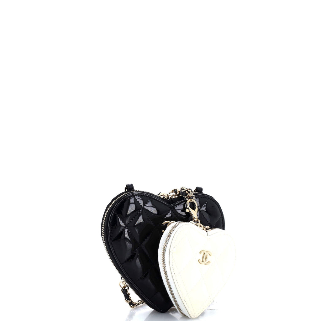 Double Heart Clutch with Chain Quilted Patent