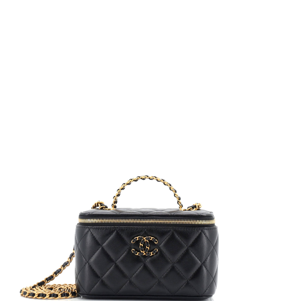 CC Woven Logo Handle Vanity Case with Chain Quilted Lambskin with Crystals Small