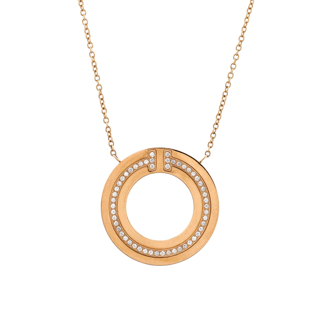 T Circle Pendant Necklace 18K Rose Gold with Diamonds Small