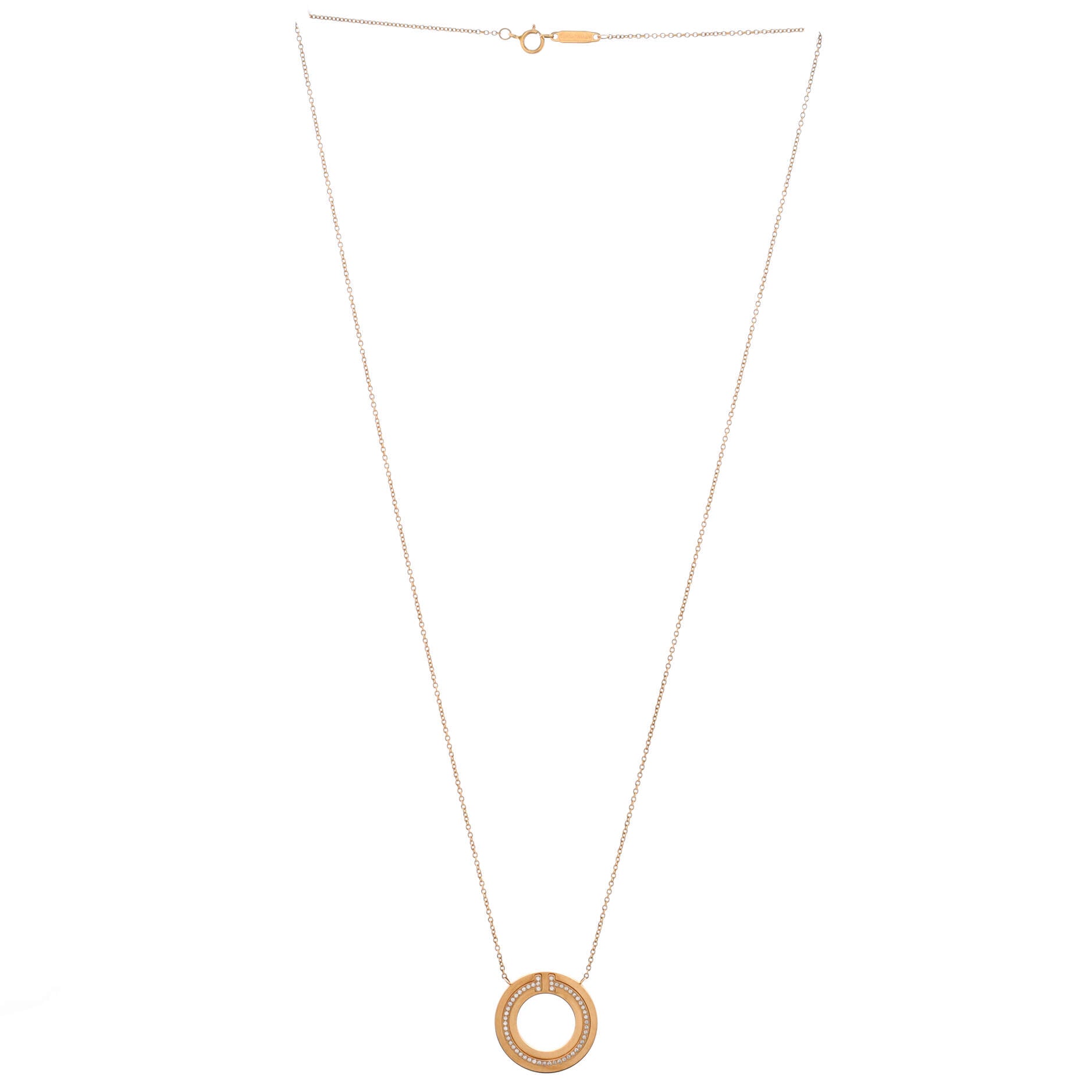 T Circle Pendant Necklace 18K Rose Gold with Diamonds Small