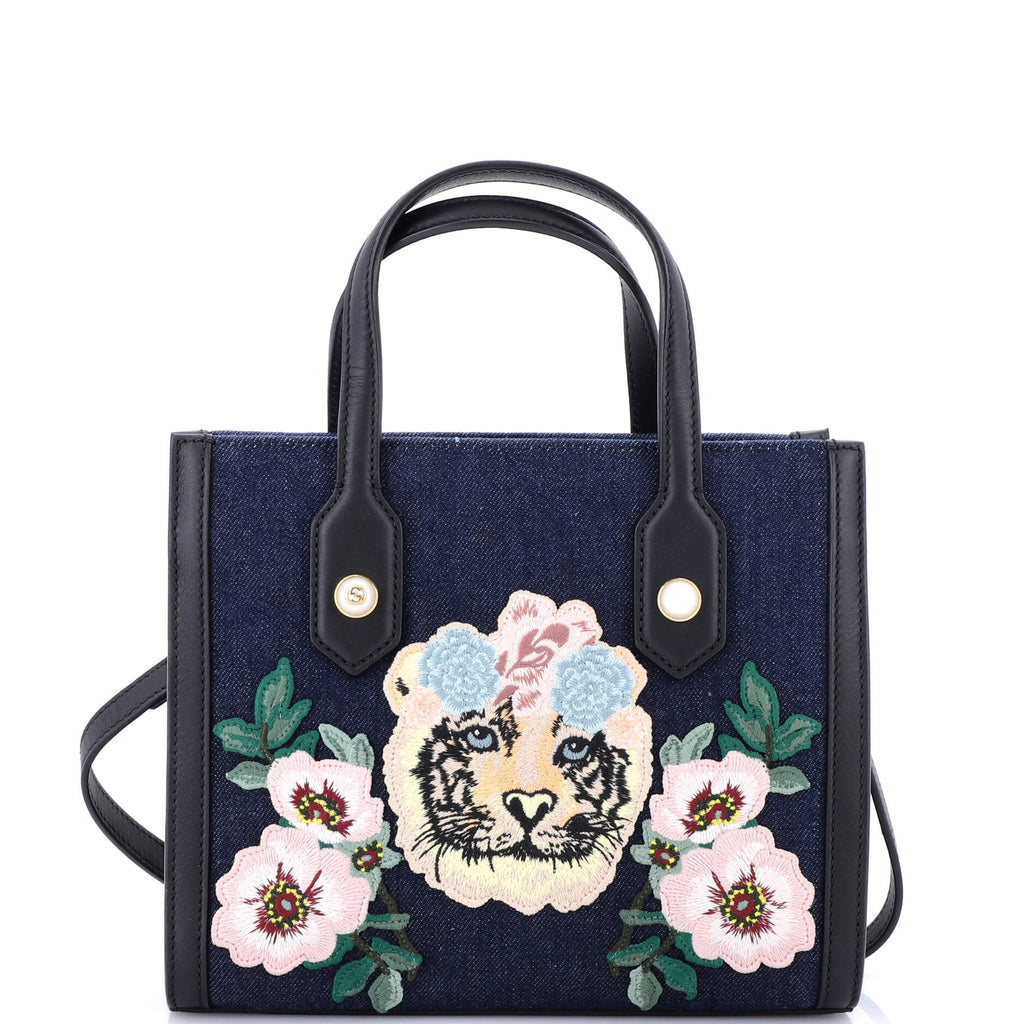 Tiger Pearl Tote Embroidered Denim Medium