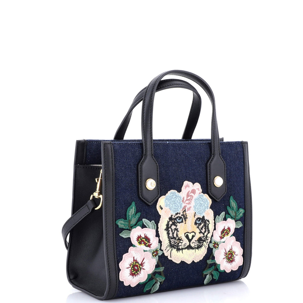 Tiger Pearl Tote Embroidered Denim Medium