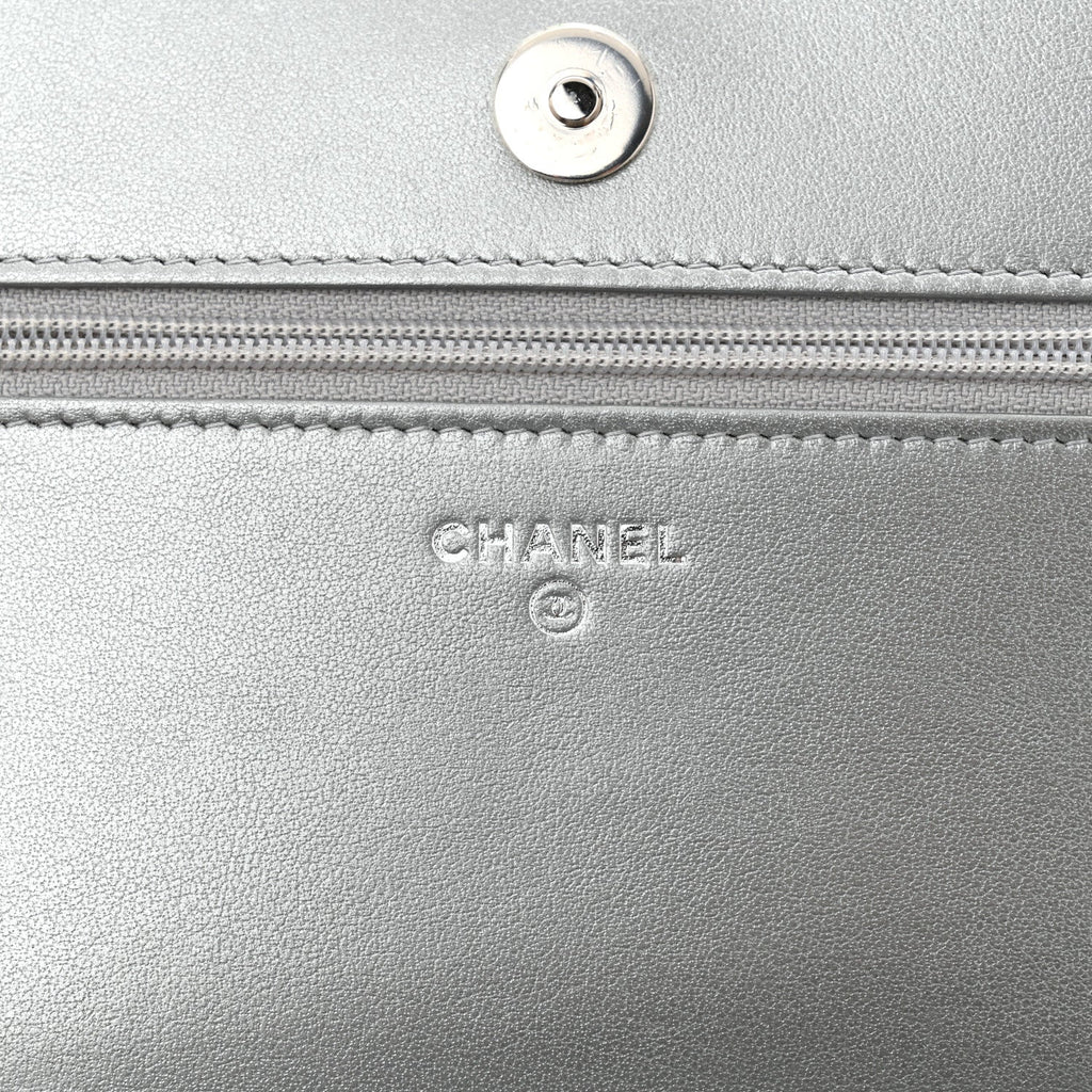 Metallic Lambskin Camellia Crystal Wallet on Chain WOC Silver