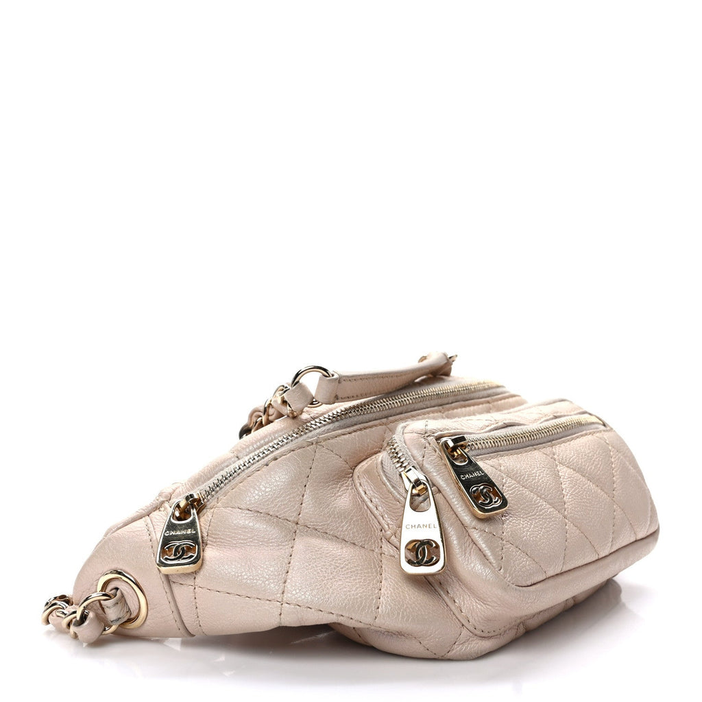 Iridescent Calfskin Quilted All About Waist Belt Bag Beige