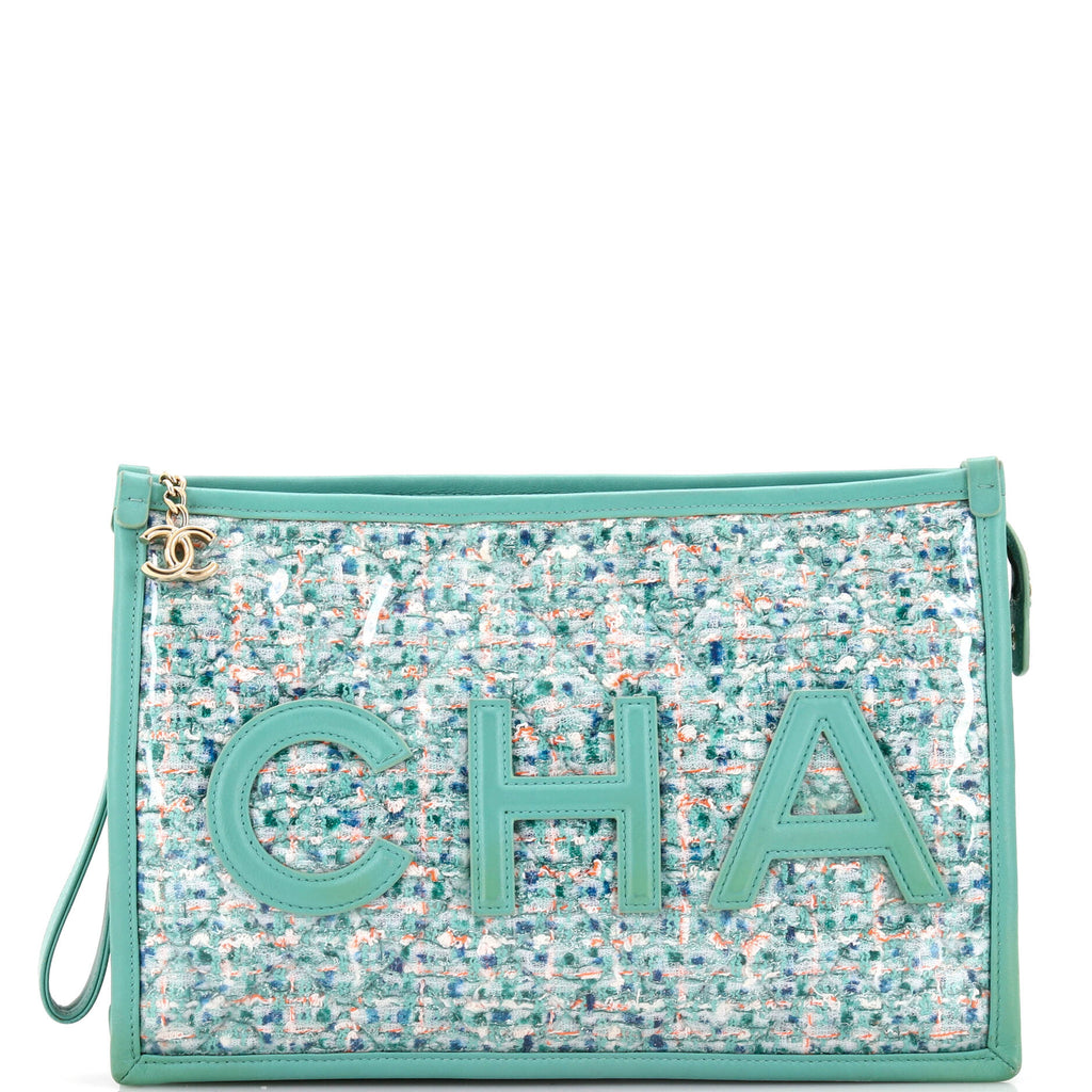 Logo Wristlet Clutch PVC Over Quilted Tweed Large