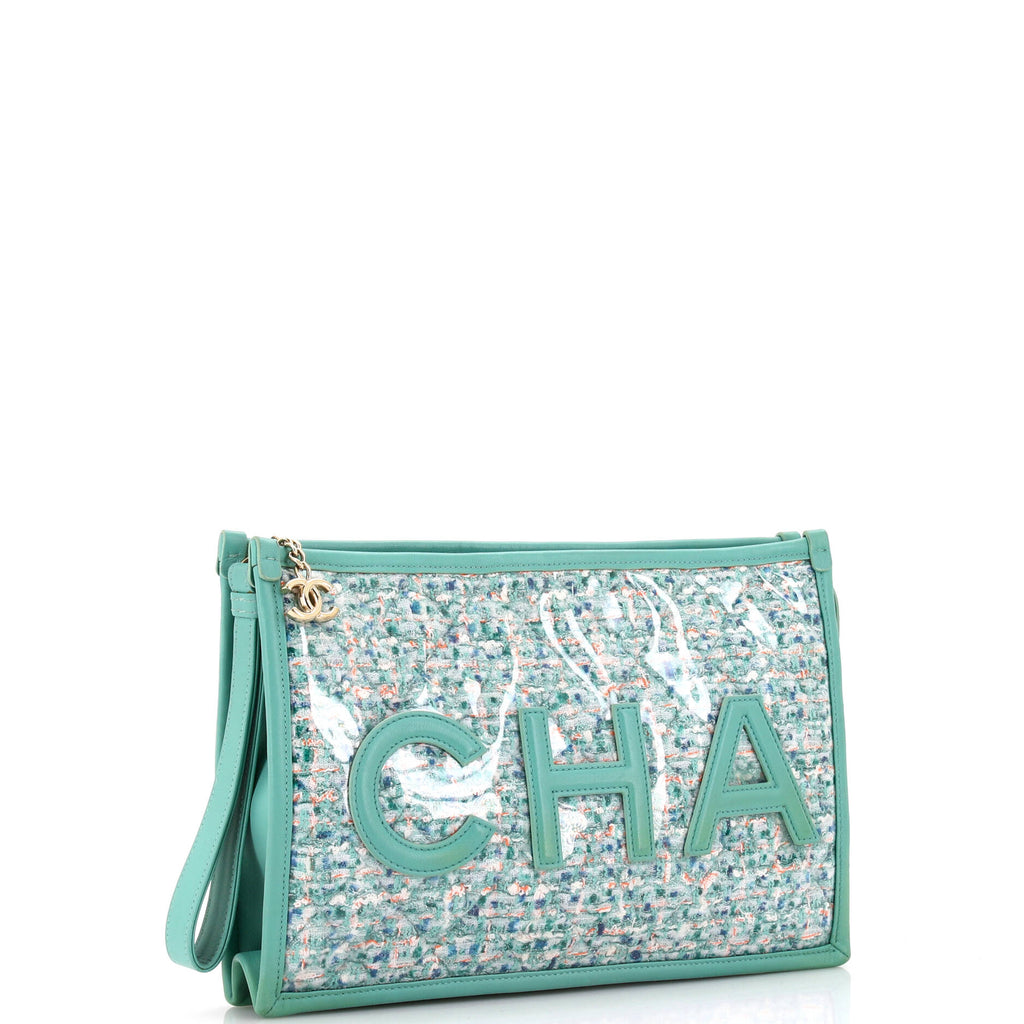 Logo Wristlet Clutch PVC Over Quilted Tweed Large