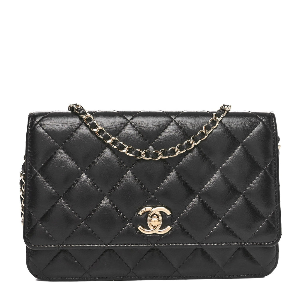Shiny Aged Calfskin Enamel Logo Quilted Wallet On Chain WOC Black
