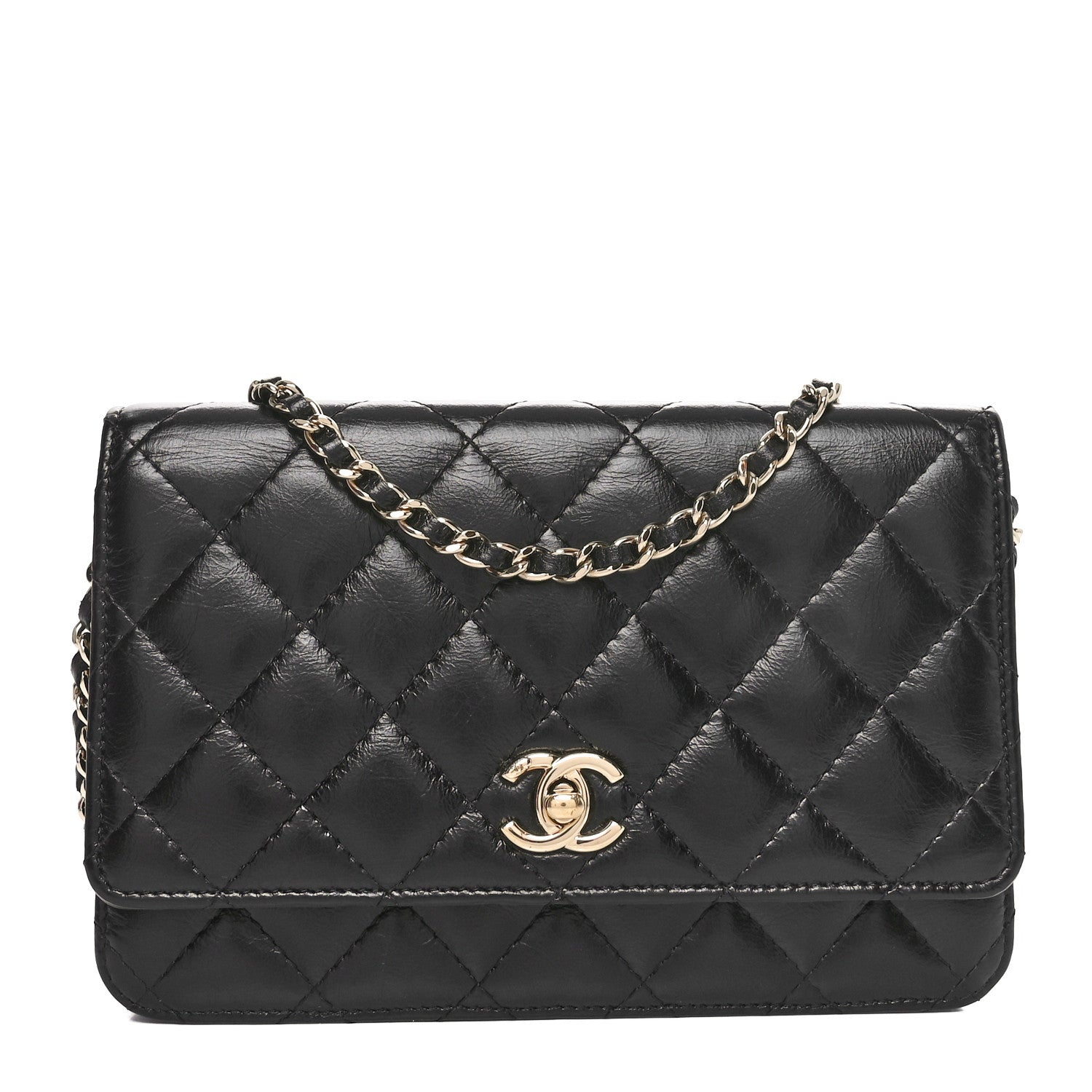 Shiny Aged Calfskin Enamel Logo Quilted Wallet On Chain WOC Black