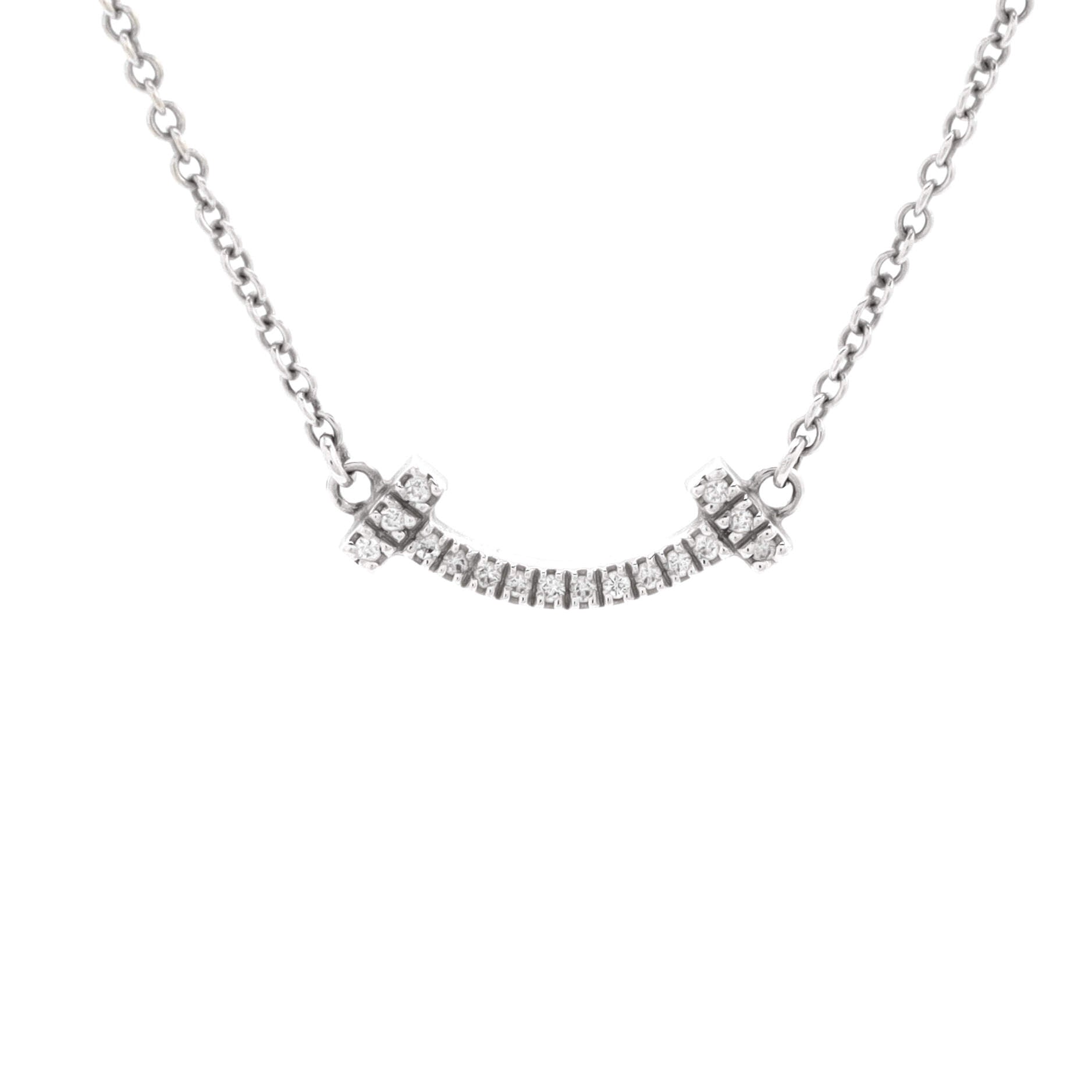 T Smile Pendant Necklace 18K White Gold with Diamonds Mini