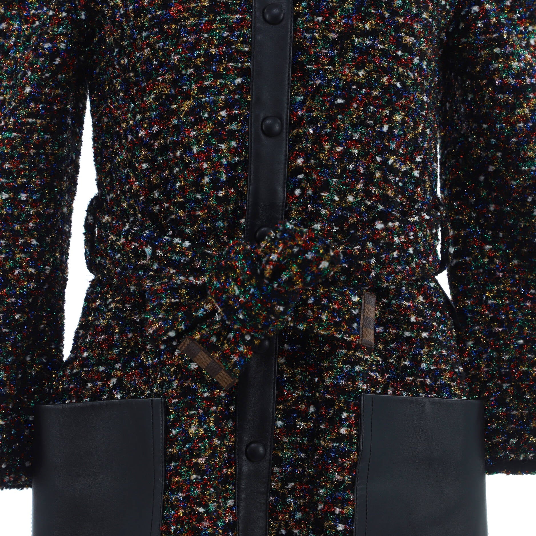 Women's Collarless Belted Long Coat Tweed with Leather