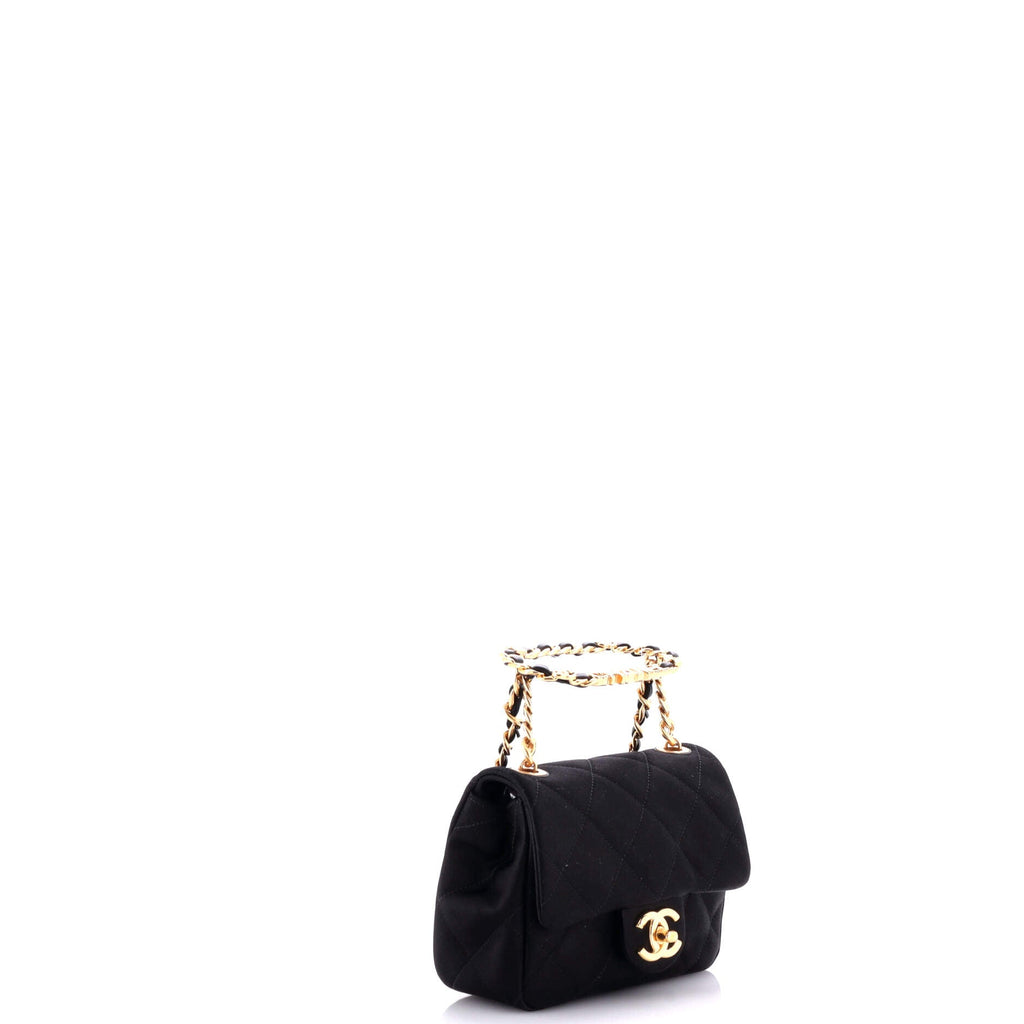 Oval Logo Chain Handle Flap Bag Quilted Satin with Crystals Mini