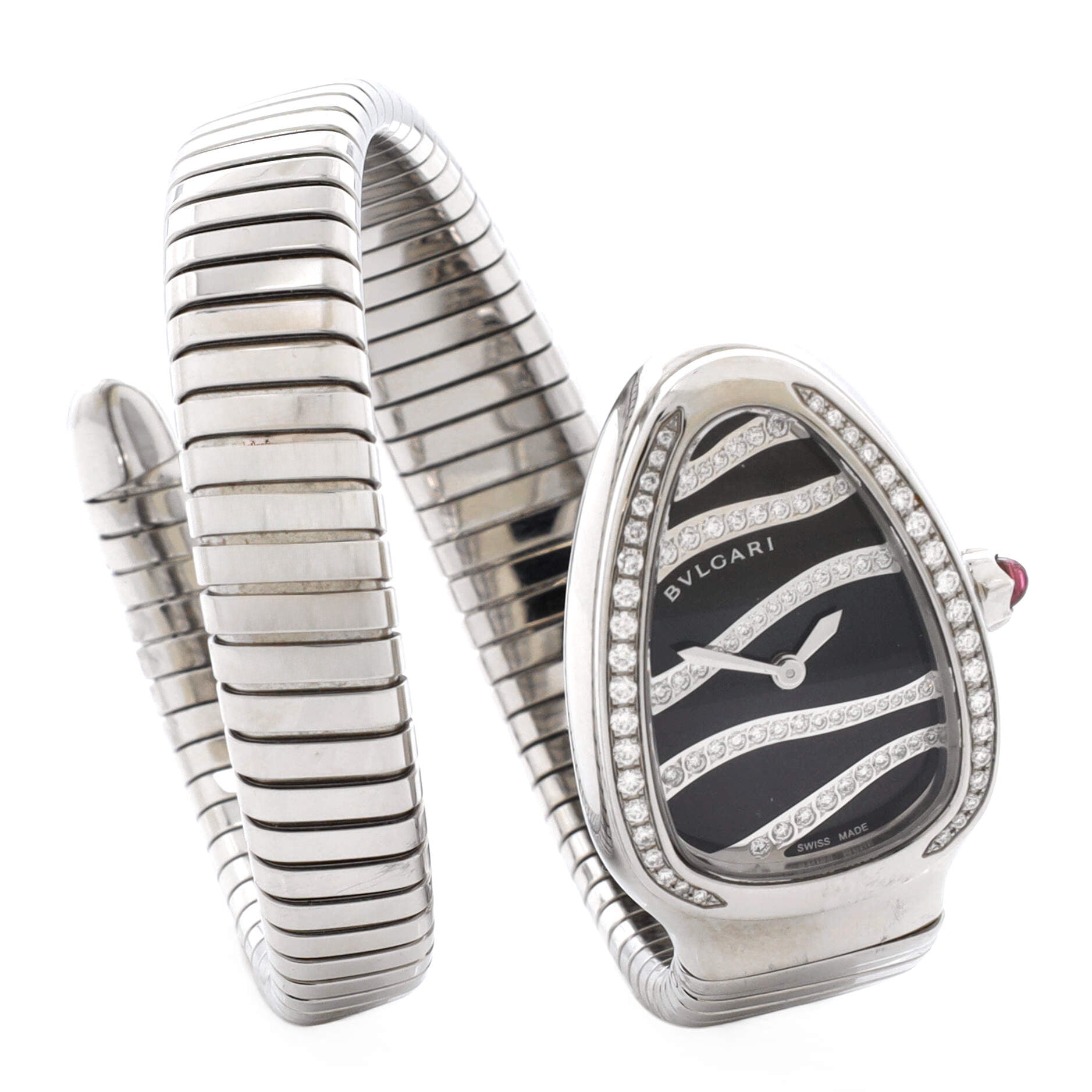 Serpenti Tubogas Single Spiral Quartz Watch Stainless Steel with Diamond Bezel and Dial 23